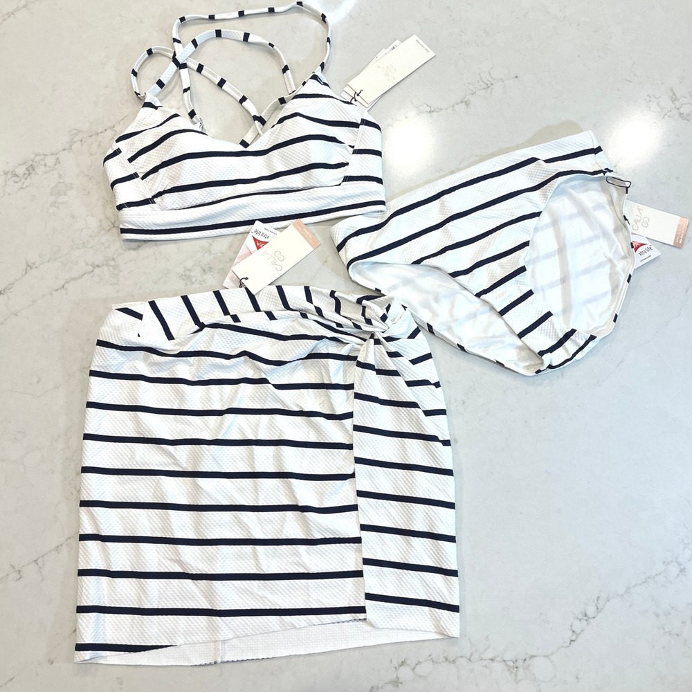 CALIA 3pc Swimsuit Set Womens M White Navy Stripe Bikini Skirt Coastal Nautical